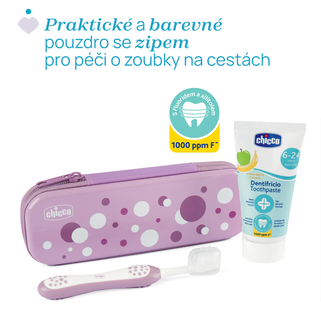 CHICCO Set zubná kefka a pasta v puzdre Always smiling Lilac, 6m+