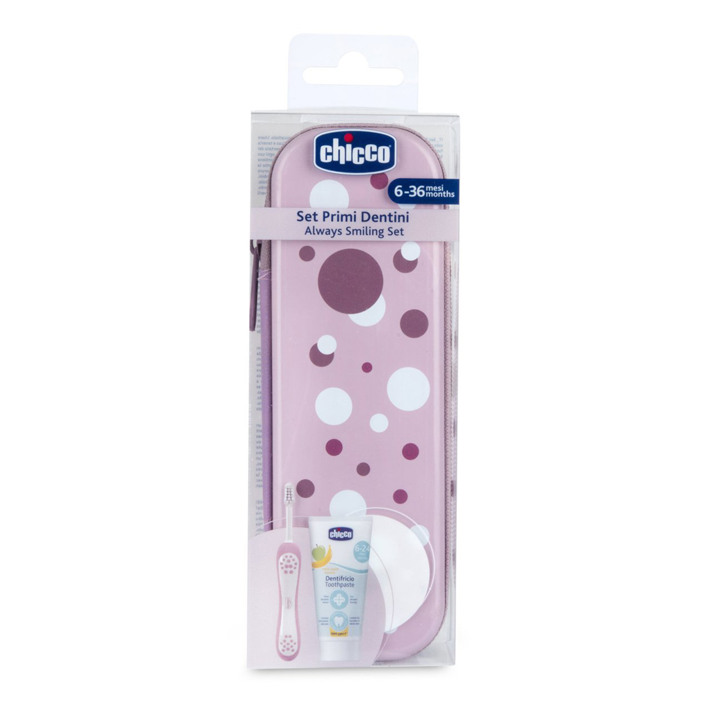 CHICCO Set zubná kefka a pasta v puzdre Always smiling Lilac, 6m+