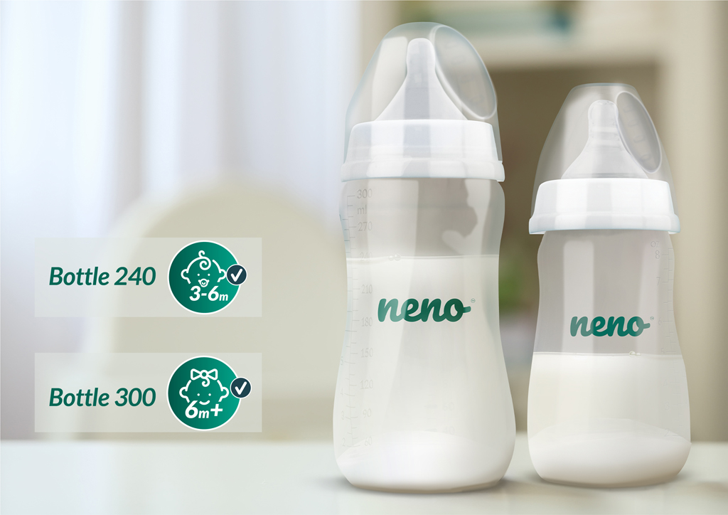 NENO Fľaša na kŕmenie a učenie pitia s rúčkami a sacím systémom antikoliková  240 ml