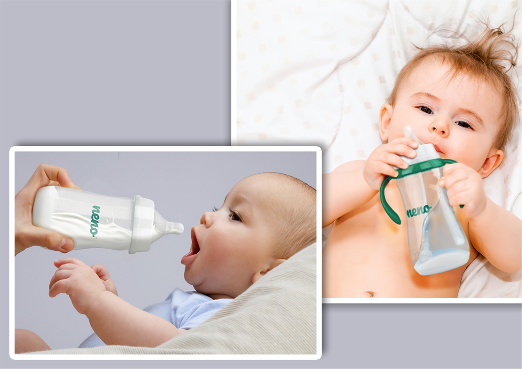 NENO Fľaša na kŕmenie a učenie pitia s rúčkami a sacím systémom antikoliková  240 ml