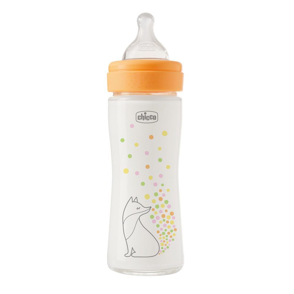 CHICCO Dojčenská sklenená fľaša Perfect Easy 240 ml, pomalý silikónový prietok, pre dievčatá, 0m+