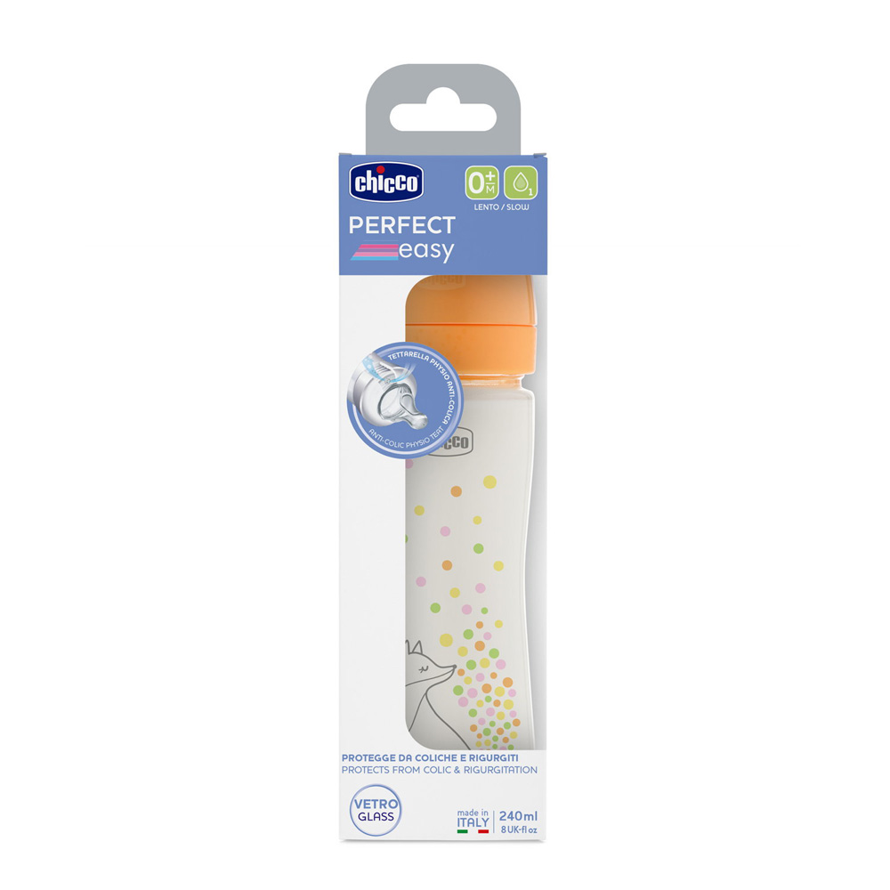 CHICCO Dojčenská sklenená fľaša Perfect Easy 240 ml, pomalý silikónový prietok, pre dievčatá, 0m+