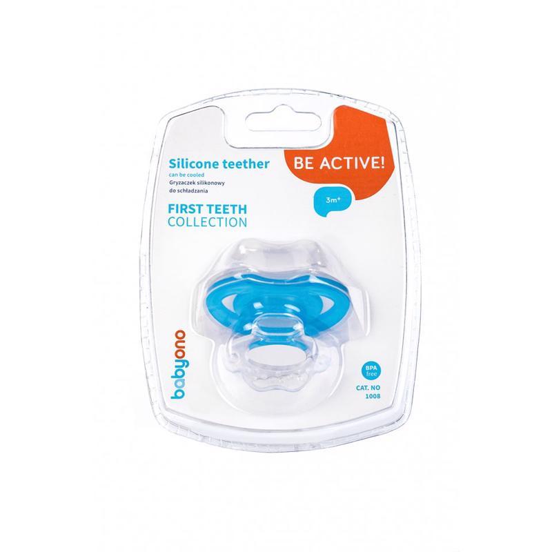 BABYONO Hryzačka silikónová bez BPA v tvare cumlíka s krytom modrá, 3m+