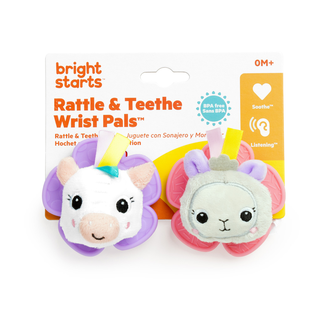 BRIGHT STARTS Hrkálka s hryzačkou na ruku 2 ks jednorožec/lama 0m+