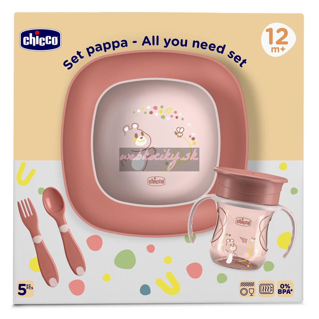 CHICCO Set jedálenský - miska, tanier, fľaša a príbor pink 12m+