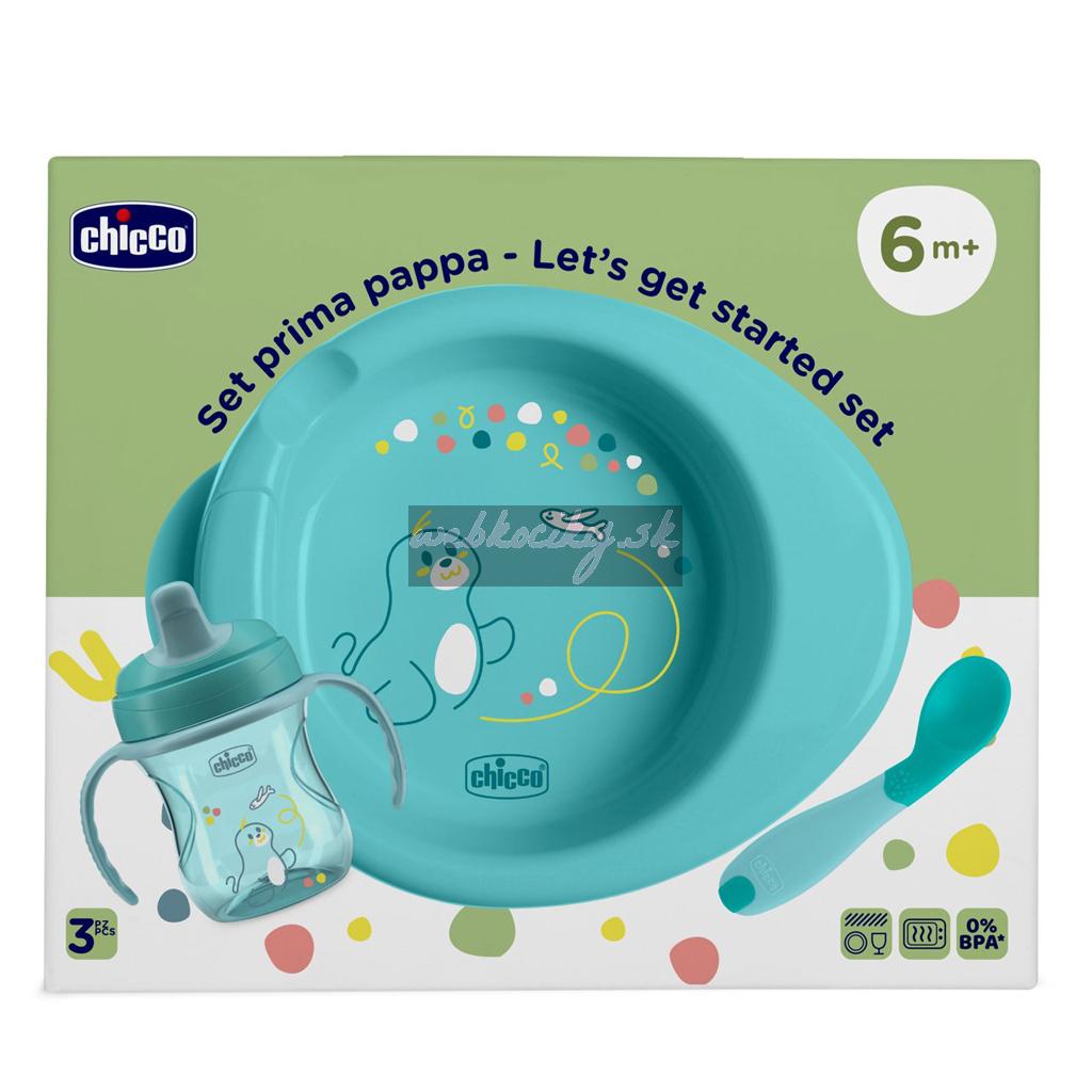 CHICCO Štartovný set - tanier, fľaša a lyžička blue 6m+